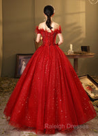Red Scoop Ball Gown Shiny Tulle Off Shoulder Party Dress, Red Sweet 16 Dress Formal Dress