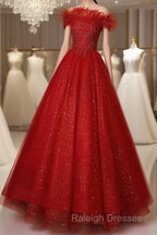 Red Scoop Ball Gown Shiny Tulle Off Shoulder Party Dress, Red Sweet 16 Dress Formal Dress