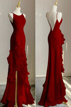 Red Scoop Sleeveless Ruffles Tiered Formal Prom Dress with Slit