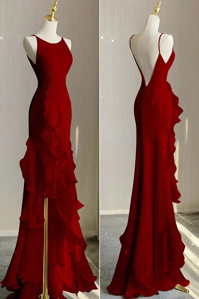 Red Scoop Sleeveless Ruffles Tiered Formal Prom Dress with Slit