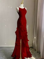 Red Scoop Sleeveless Ruffles Tiered Formal Prom Dress with Slit