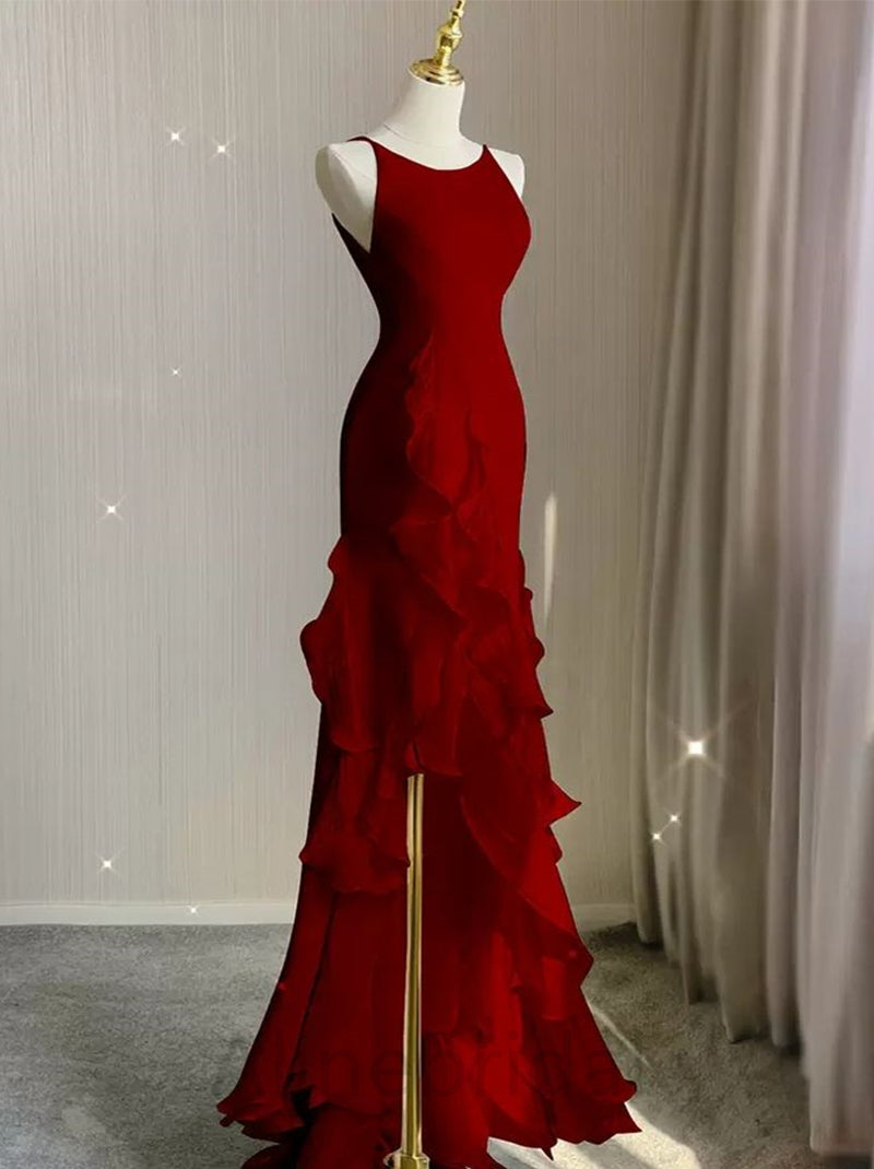 Red Scoop Sleeveless Ruffles Tiered Formal Prom Dress with Slit