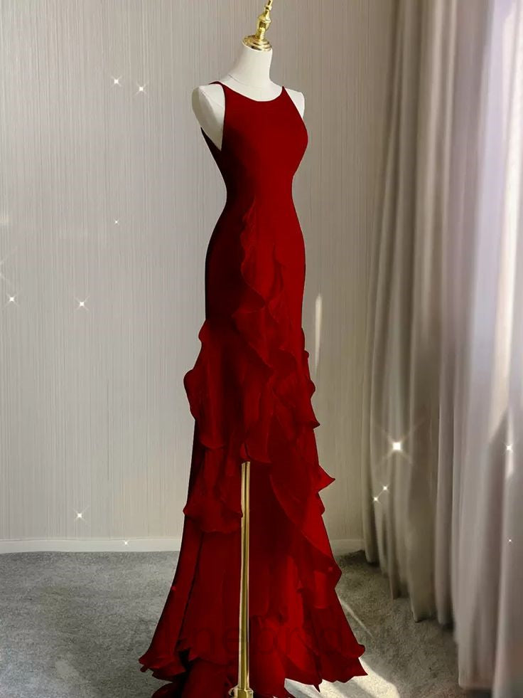 Red Scoop Sleeveless Ruffles Tiered Formal Prom Dress with Slit
