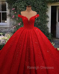 Red Sequin Lace Off Shoulder Ball Gown