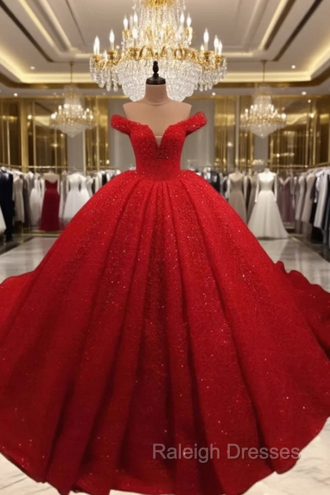 Red Sequin Lace Off Shoulder Ball Gown Main image