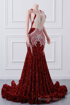 Red Sequin Mermaid Prom Dresses Luxury Silver Crystal Beaded Sheer Neck Long Formal Party Evening Gowns for Black Girls