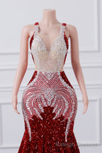 Red Sequin Mermaid Prom Dresses Luxury Silver Crystal Beaded Sheer Neck Long Formal Party Evening Gowns for Black Girls
