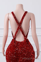 Red Sequin Mermaid Prom Dresses Luxury Silver Crystal Beaded Sheer Neck Long Formal Party Evening Gowns for Black Girls