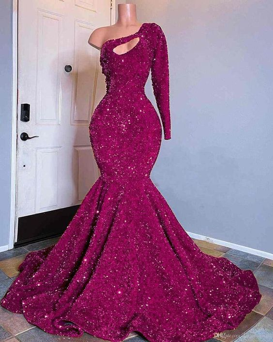 Red Sequined Mermaid Prom Dress One Shoulder Long Sleeve Sequined Keyhole Prom Gown