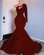 Red Sequined Mermaid Prom Dress One Shoulder Long Sleeve Sequined Keyhole Prom Gown