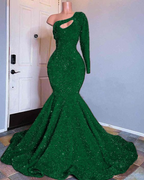 Red Sequined Mermaid Prom Dress One Shoulder Long Sleeve Sequined Keyhole Prom Gown