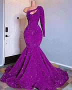 Red Sequined Mermaid Prom Dress One Shoulder Long Sleeve Sequined Keyhole Prom Gown