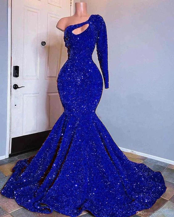 Red Sequined Mermaid Prom Dress One Shoulder Long Sleeve Sequined Keyhole Prom Gown