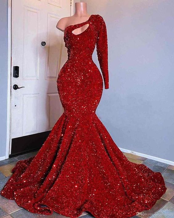 Red Sequined Mermaid Prom Dress One Shoulder Long Sleeve Sequined Keyhole Prom Gown Main image