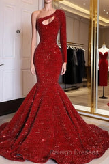 Red Sequined Black Girls Mermaid Prom Dresses  Plus Size One Shoulder Long Sleeve Sequined Keyhole Prom Gowns