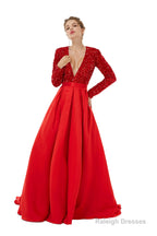 Sequined Satin A Line Front Slit V Neck Full Sleeve Sweep Train Long Prom Dresses