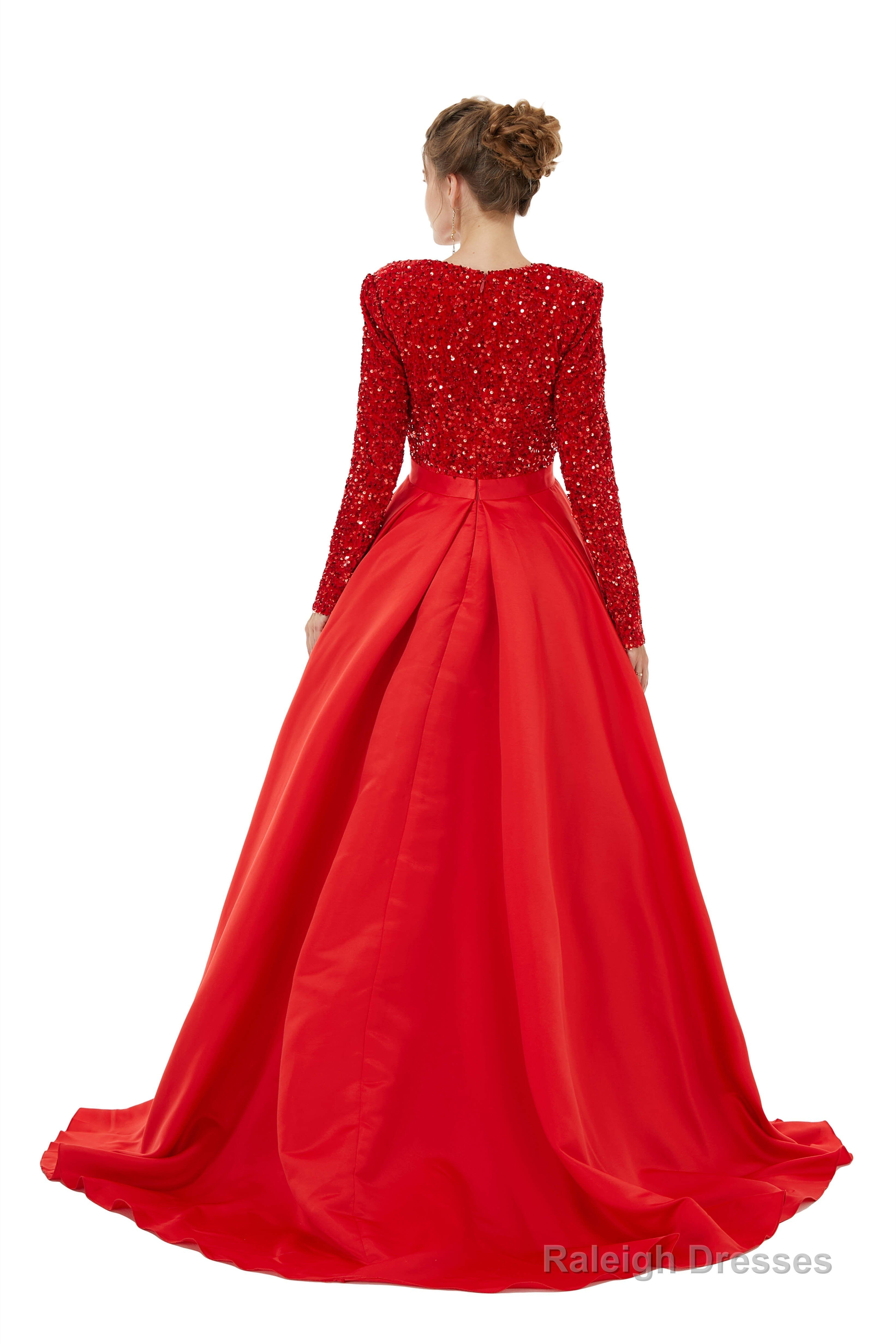 Sequined Satin A Line Front Slit V Neck Full Sleeve Sweep Train Long Prom Dresses