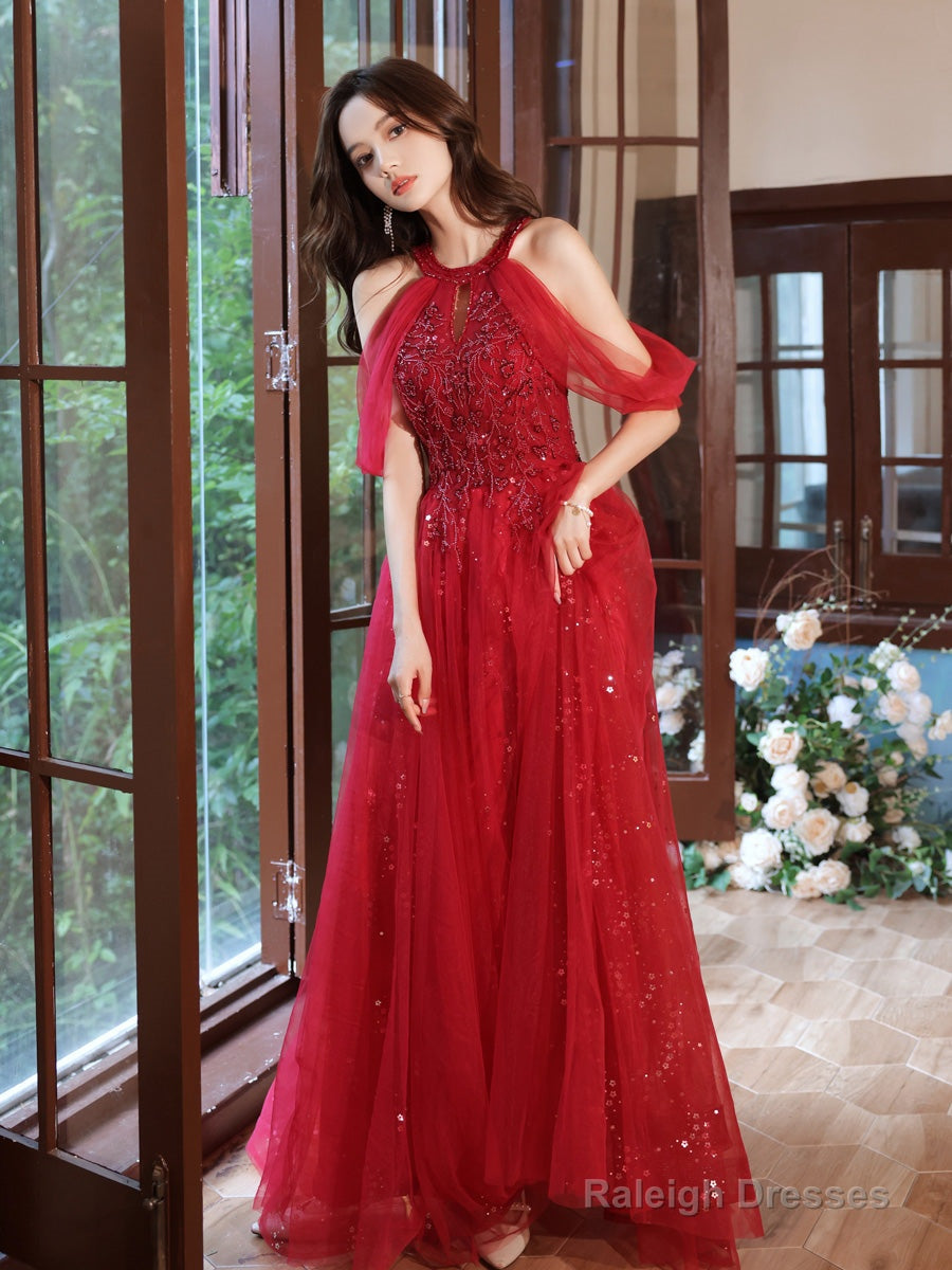 Red Sequins And Beaded Off Shoulder Long Prom Dress, Red A-Line Party Dress
