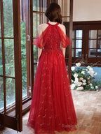 Red Sequins And Beaded Off Shoulder Long Prom Dress, Red A-Line Party Dress