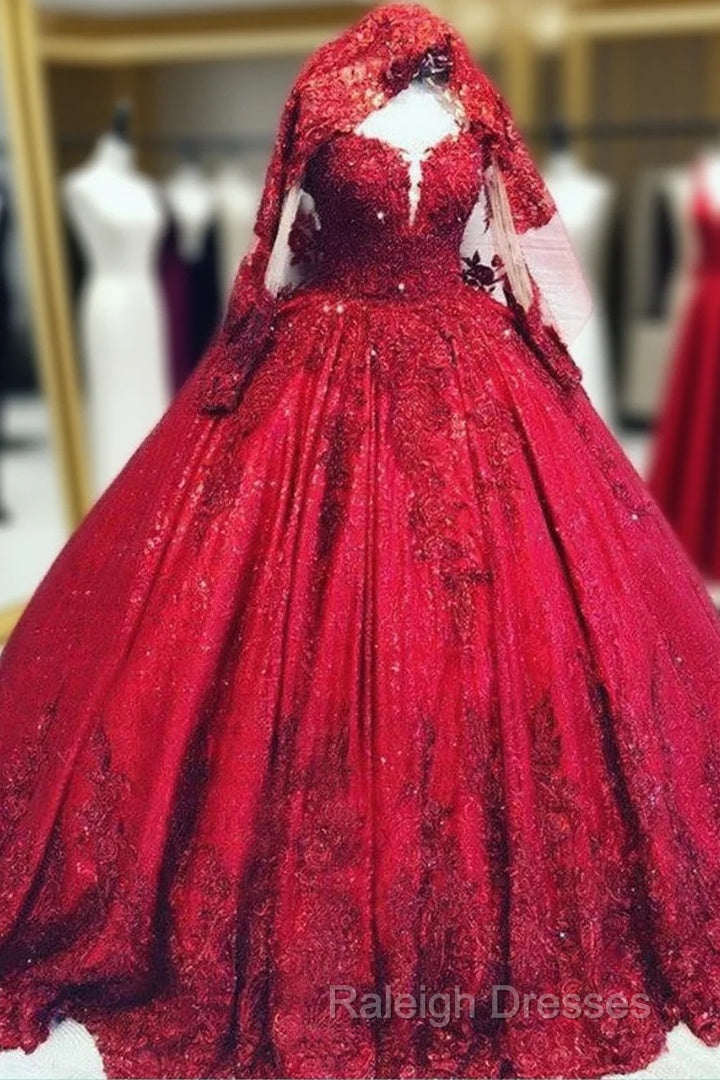 Red Sequins Lace Wedding Dress Ball Gown Long Sleeves Main image