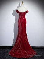 Red Sequins Mermaid Long Off Shoulder Prom Dresses Red Sequins Prom Dresses