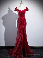 Red Sequins Mermaid Long Off Shoulder Prom Dresses Red Sequins Prom Dresses