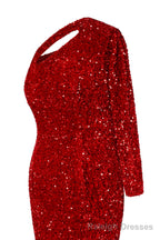 Red Sequins Mermaid Prom Dresses One Shoulder Evening Dresses Floor Length Wedding Party Gowns