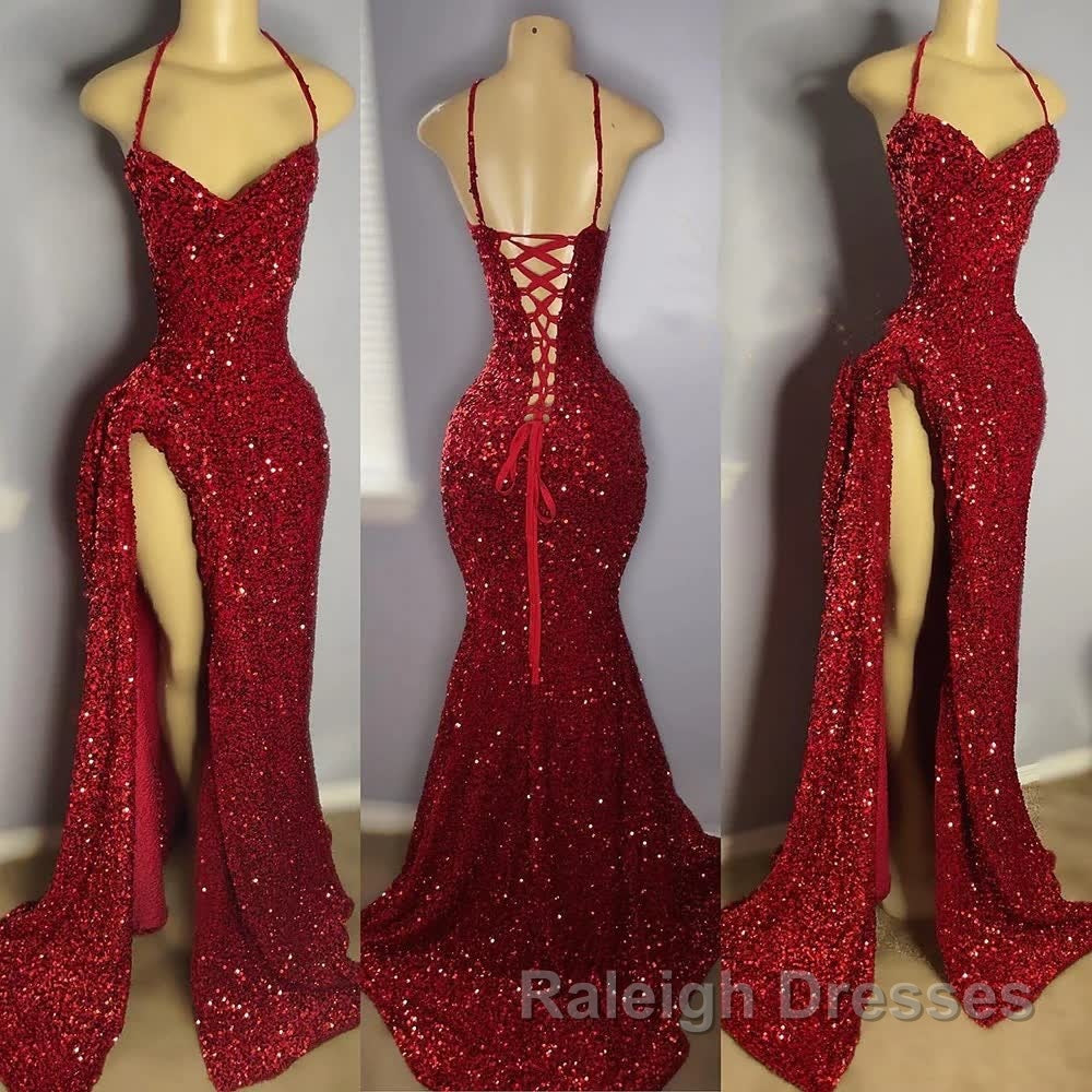 Red Sequins Prom Dress High Slit Halter Sleeveless Sparkly Long Party Evening Dresses for Black Girls Secondary image