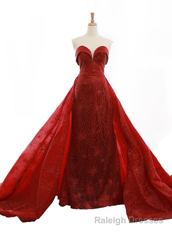 Red Sequins Sweetheart Neck Backless Train Wedding Dress Main image