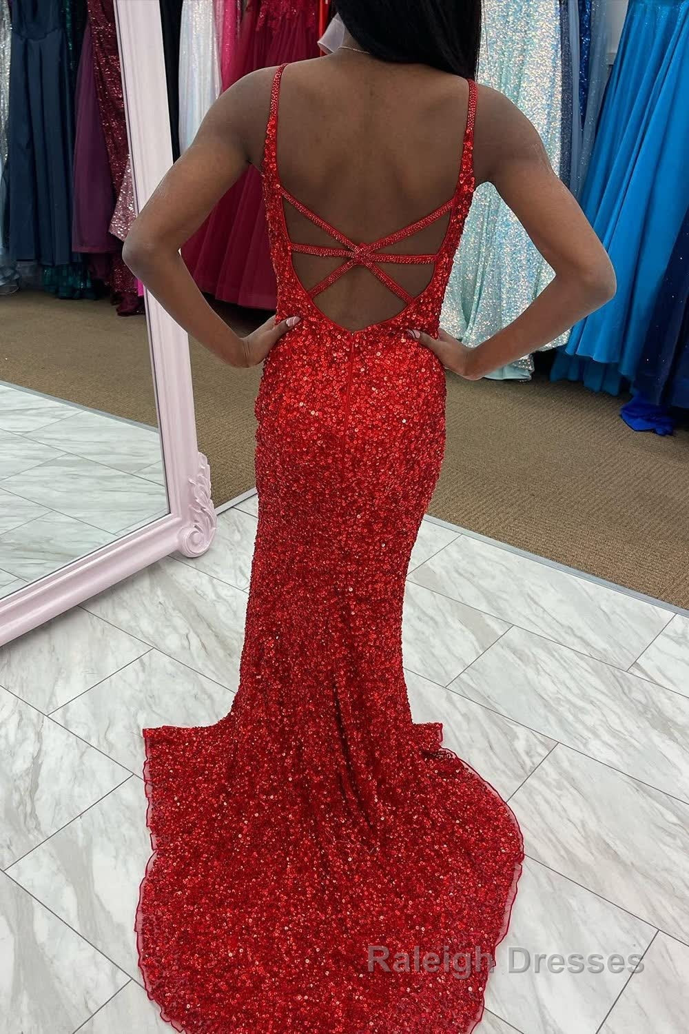 Red Sequins V Neck Prom Dress with Slit Secondary image