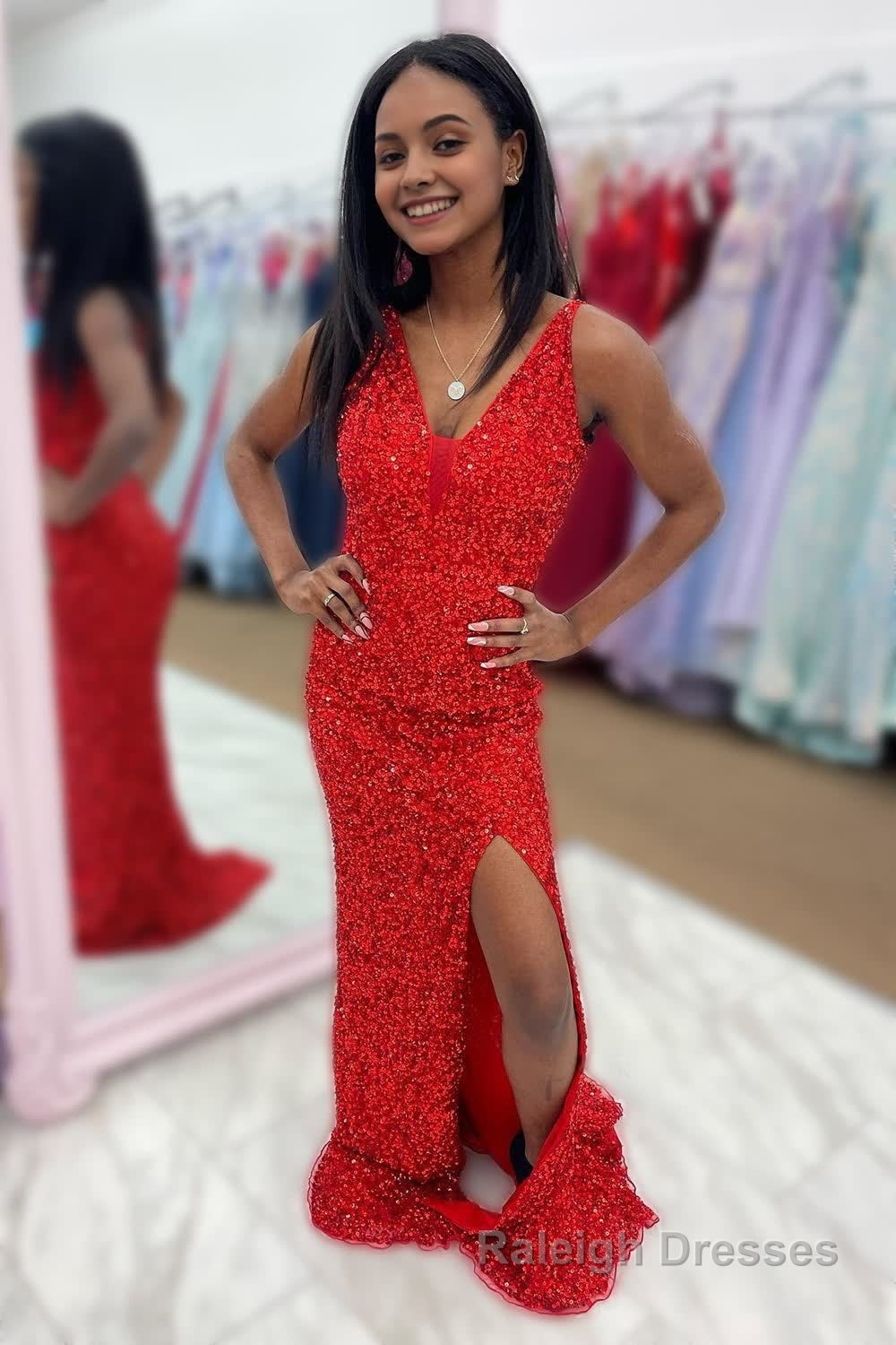 Red Sequins V Neck Prom Dress with Slit Main image