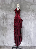 Red Shimmer Asymmetrical Layered Flounce Spaghetti Strap Dress Evening Gown