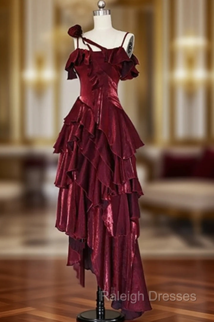 Red Shimmer Asymmetrical Layered Flounce Spaghetti Strap Dress Evening Gown