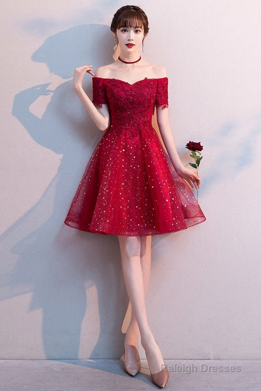 Red Shiny Tulle And Satin Off Shoulder Short Homecoming Dresses Red Prom Dresses Secondary image