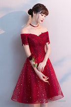 Red Shiny Tulle And Satin Off Shoulder Short Homecoming Dress, Red Prom Dress