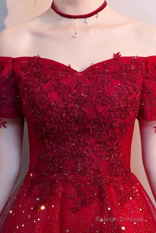 Red Shiny Tulle And Satin Off Shoulder Short Homecoming Dresses Red Prom Dresses