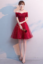 Red Shiny Tulle And Satin Off Shoulder Short Homecoming Dresses Red Prom Dresses