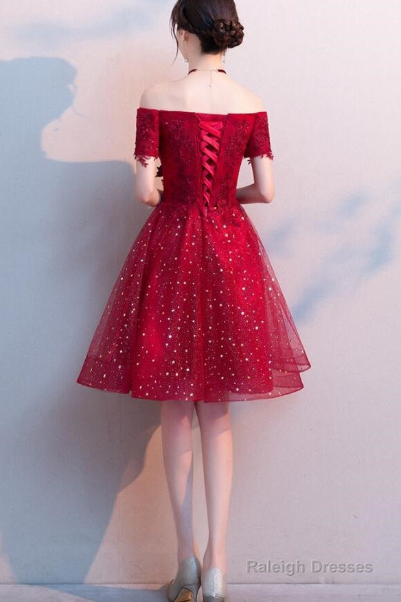 Red Shiny Tulle And Satin Off Shoulder Short Homecoming Dresses Red Prom Dresses