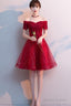 Red Shiny Tulle And Satin Off Shoulder Short Homecoming Dress, Red Prom Dress