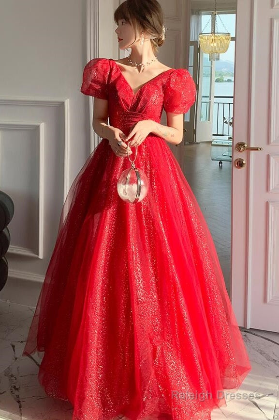Red Shiny Tulle Short Sleeves Long A-Line Prom Dress, Red Wedding Party Dress