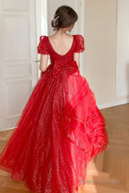Red Shiny Tulle Short Sleeves Long A-Line Prom Dress, Red Wedding Party Dress