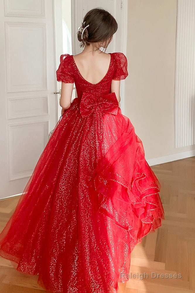 Red Shiny Tulle Short Sleeves Long A-Line Prom Dress, Red Wedding Party Dress