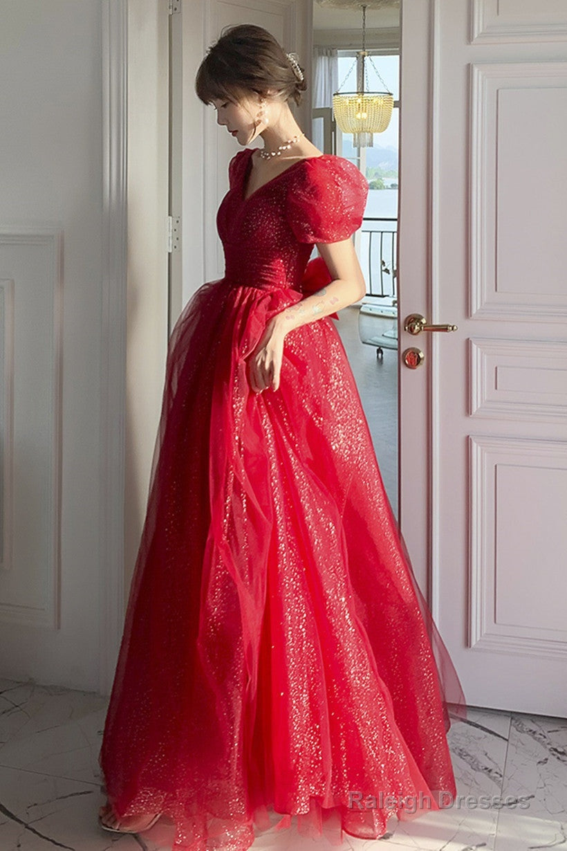 Red Shiny Tulle Short Sleeves Long A-Line Prom Dress, Red Wedding Party Dress