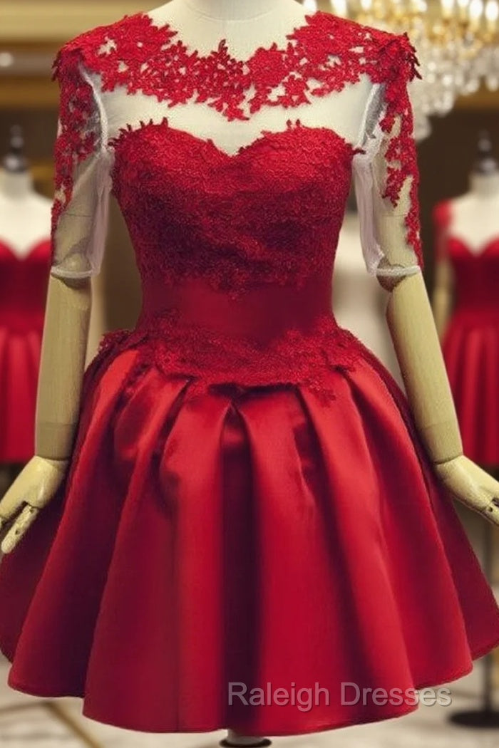 Red Short Sleeves Satin And Applique Homecoming Dresses, Red Short Prom Dresses, Formal Dress Main image