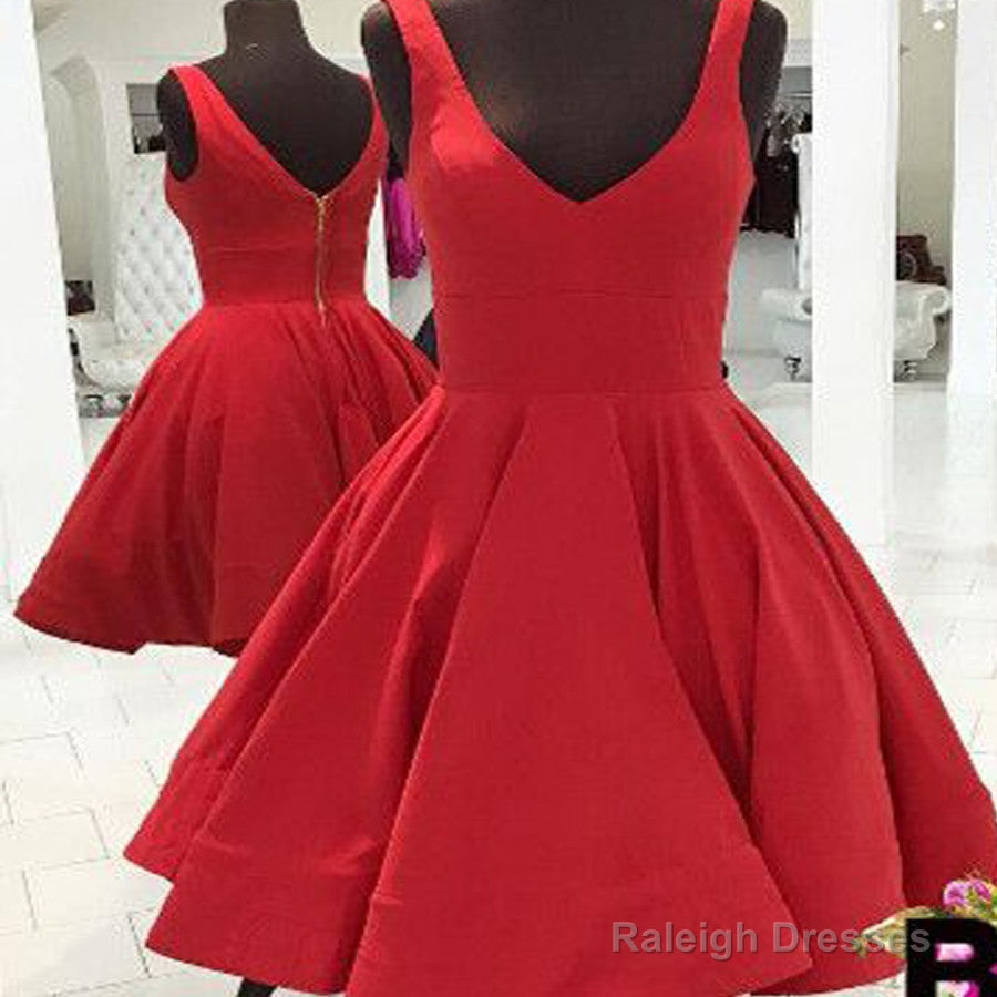 Red Simple V-Neck Freshman A-Line Cheap Homecoming Dresses