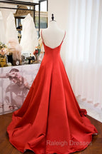 Red Spaghetti Strap Satin Long Prom Dress, Simple A-Line Evening Party Dress