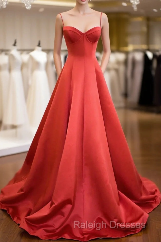 Red Spaghetti Strap Satin Long Prom Dress, Simple A-Line Evening Party Dress