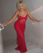 Red Spaghetti Straps Lace Beading Gorgeous Mermaid Prom Dresses