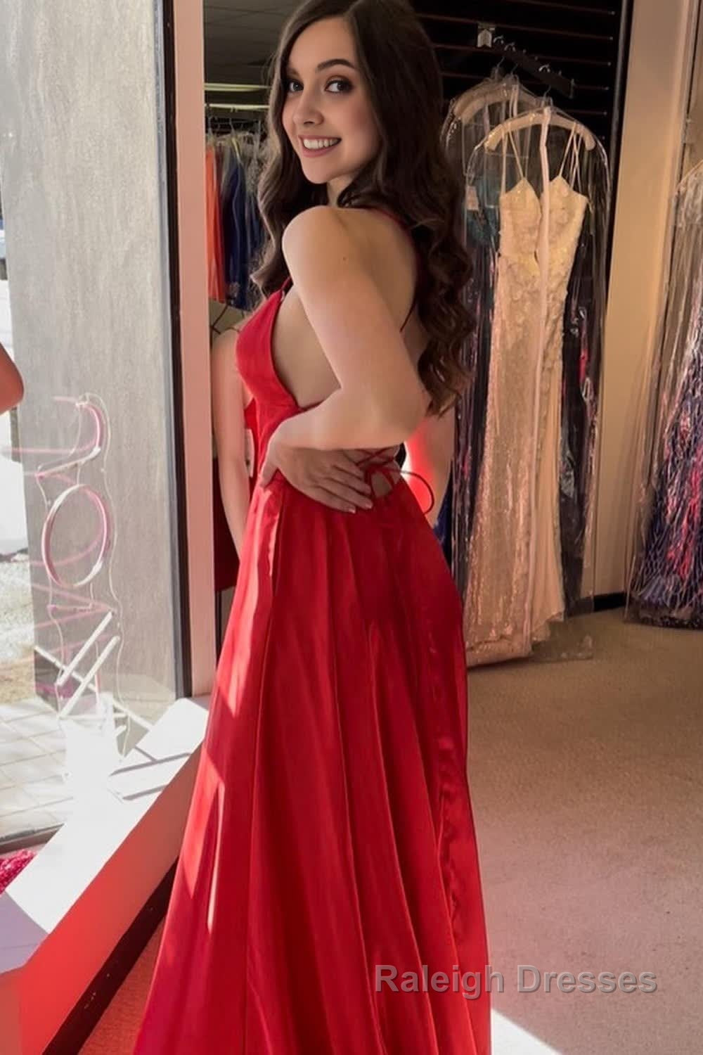 Red Spaghetti Straps Long Prom Dress with Slit Secondary image