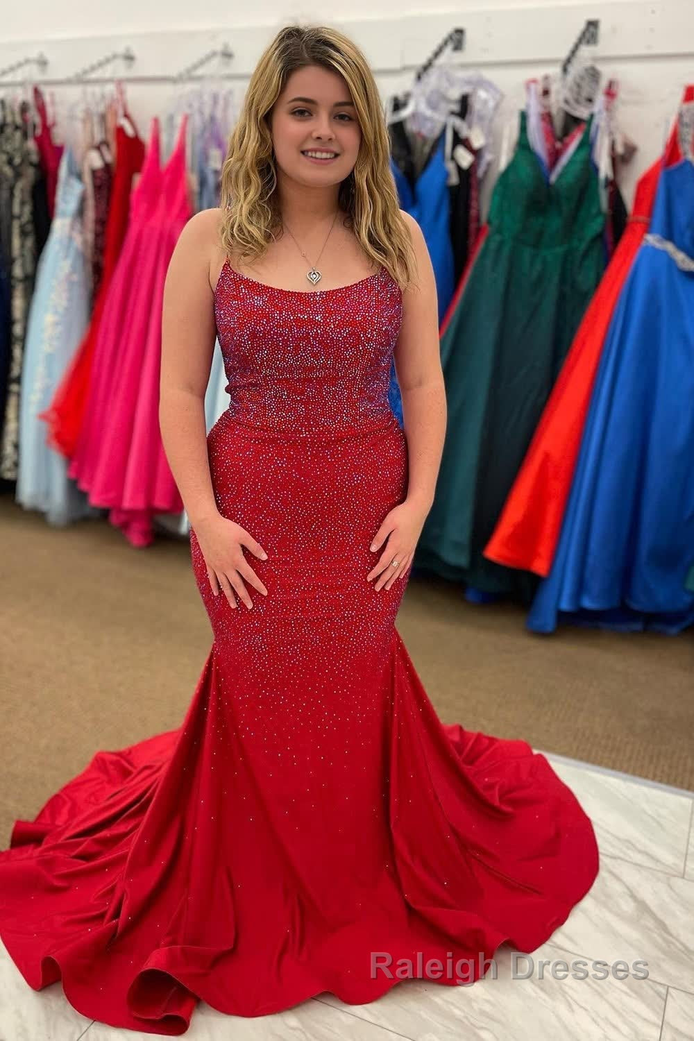 Red Spaghetti Straps Mermaid Beading Prom Dress Main image